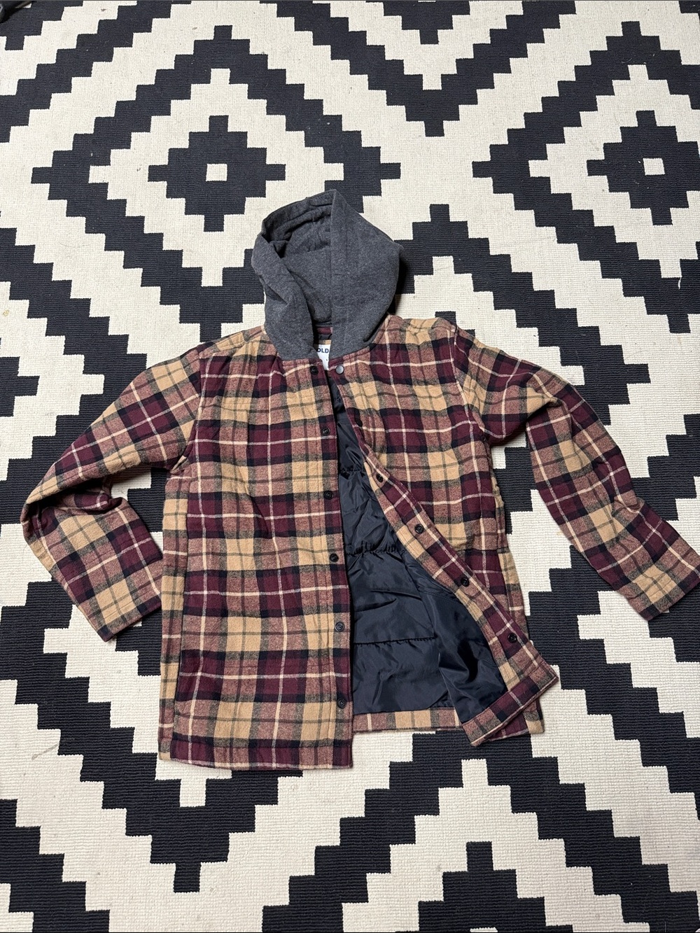 Old Navy Kids Plaid Hooded Puffer Jacket in Burgundy and Tan